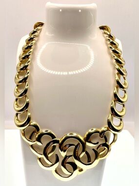 Vintage 80s Gold Tone Bold Statement Necklace Open Link Collar Bib Necklace